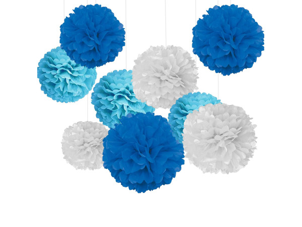 Paper Pom Pom for Decoration 10 Inches Set of 9 Pcs (Light Blue, White & Dark Blue)
